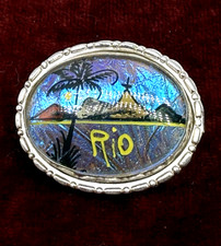 Vintage RIO Butterfly Wing Oval Brooch Hand Painted Blue Morpho Silver Tone Pin