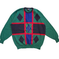 Vintage Pringle of Scotland Green Wool Jumper Mens Extra Large Diamond Crew Neck