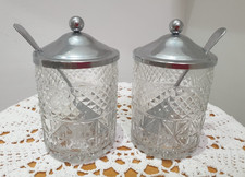 PAIR OF VINTAGE GLASS CONSERVE/PRESERVE/JAM POTS CHROME LIDS & MATCHING SPOONS