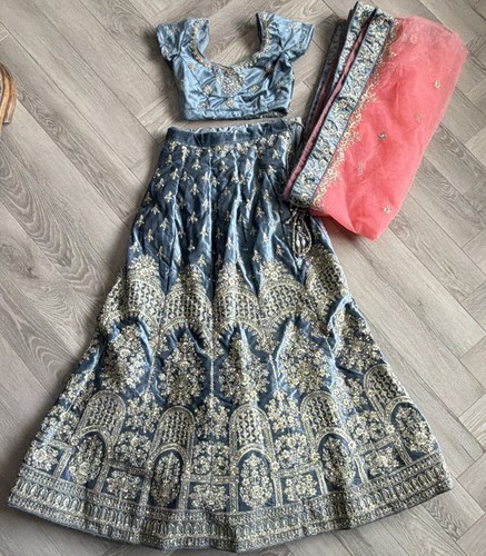 Blue embroidered lengha - embroidered,
