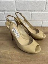 D60. Jimmy Choo Nova Beige Patent Leather Platform Peep Toe Shoes  Size 37.5 