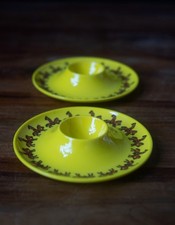 Pair of Vintage Egg Cups. Stackable. 70s. Yellow with soldiers on horses. Retro.