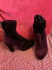 ?Burgundy Red Velvet Heeled Glam Rock Boho Tie Top Boots UK4 ?