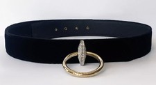CHANEL 16A Black Velvet Leather Gold CC Crystal Belt, Comes With DustBag
