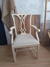 Vintage Cream Painted Carver Arm Chair Striped Seat Georgian Chippendale Style