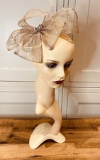 Taupe Beaded, Feather & Natural Fibre Bow Medium Size Occasion Fascinator