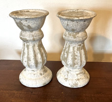 Shabby Chic Pillar Candle Holders White Wash Distressed  Farmhouse 8" Set of 2