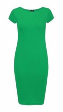 Women Ladies Plain Jersey Stretch Crew Neck Bodycon Cap Sleeve Midi Dress 8-26