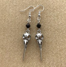 Gothic Crow Raven Bird Skull Black Bead Dangly Earrings in Gift Bag - Pagan