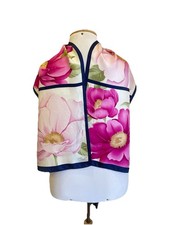 Y1#Oscar by Oscar de la Renta Silk Scarf Pink Peony Floral Print Navy Border