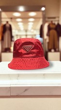 PRADA Red Re-Nylon Bucket Hat Unisex Iconic Logo Triangle Luxury Cap New