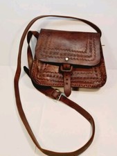 Vintage Embossed Hand Tooled Brown Leather Purse Cross Body Shoulder Bag 