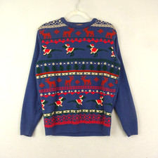 Run & Fly Jumper Unisex Medium Blue Christmas Jumper Dinosaur Retro