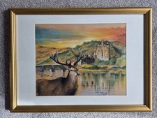 Beautiful Large Pastel Drawing Painting Scotland Stag Eilean Donan Castle 