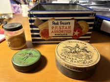 Tins/Jars Propert's Saddle Soap, Peak Frean’s, Beeswax,Dubbin, Camp Coffee.