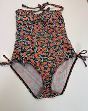 George Swimming Costume Padded Side Tie Swimsuit Size 12 Black Red Cherry Print