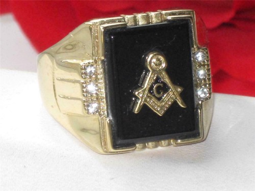 Mens gold masonic - ring, onyx
