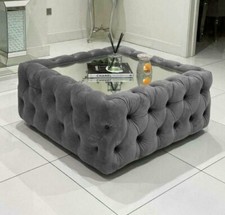 Luxury mirrored Glass Top Coffee Table Soft Plush crush  Chesterfield Footstool