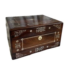 ANTIQUE VICTORIAN ROSEWOOD & MOTHER OF PEARL INLAID WORK/SEWING BOX WITH KEY