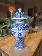 Large And Beautiful Blue & White Coimbra Portugal Faience Lidded Vase Jar