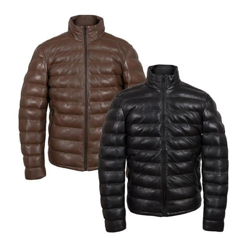 Men black leather puffer - leather,