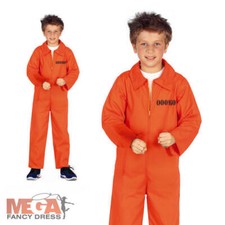 Boys Prisoner Costume Orange Jumpsuit Convict Kids Halloween Fancy Dress Outfit