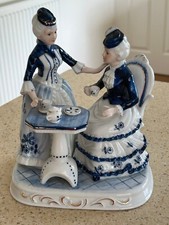 Two Ladies Tea for Two Blue & White Figurine - Leonardo by Uniart Taiwan Vintage