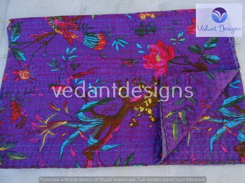 Purple bed runner kantha quilt - bed,