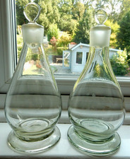 Antique Pair Glass Wine Decanters Mouth Blown Ground Target Stoppers 10"