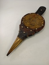 Vintage fireplace bellows brass embossed leather trim windmill metal studs 