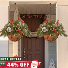 Pre-Lit Artificial Plants Hanging Basket Decorated with Berry Frosted Pine Cones