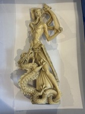 Vintage Cream Asian Resin Samurai Warrior Sculpture Figurine Fighting Dragon