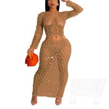 Women Sexy Beach Knitted See Through Crochet Maxi Mesh Long Dress Bikini Coverup