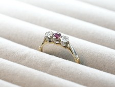 Antique elegant 18ct Gold Platinum Trilogy Ring Pink Ruby Diamond GCS Certified 