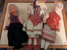 Three Vintage Dolls Russian Plastic , Swiss Plastic , Brightly Dressed Fab