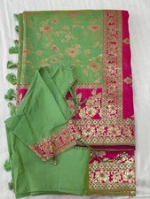 Indian Sari, Green & Pink Golden border,wedding party wear, expandable blouse