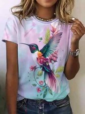 Women's Humming bird + flower t-shirt, size L (New) (Blue with Pink) polyester.