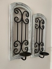 Pair Of Decorative Wooden And Metal Rustic Fretwork Wall Candle Sconces
