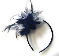 BESPOKE Navy Blue & Silver Fascinator on Headband Flower Corsage Ascot Races 