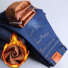 UK Men's Winter Thick Thermal Jeans Fleece Lined Trousers Denim Stretchy Pants