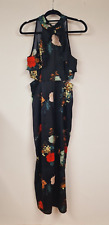 Zara Black Floral Jumpsuit Size Med Satin Detail Wide Leg Cut Out Sides Ruffle