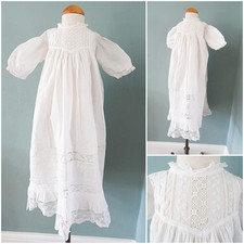 Antique Babys Dress Gown Victorian Edwardian Floral Embroidered Cotton Lace B
