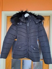 New Look Women's Black Faux Fur Hooded Zip Parka Coat Size 6