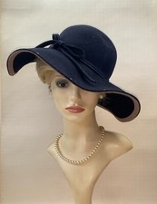 Suzanne Bettley 100% Wool Dark Blue Floppy Wide Brim Hat With Tan Trim & Studs