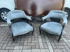 Pair of Victorian Tub Smokers Captains Armchairs in Blue Velvet