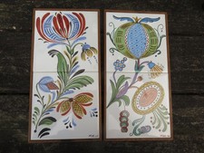 2  Vintage Ceramic Mounted Tiles Hand Painted in 1970/69 Original Flower Designs