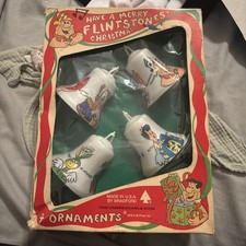 VINTAGE 1976 FLINTSTONES CHRISTMAS ORNAMENTS (4) BOX SET BRADFORD NOVELTY CO
