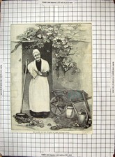 Old Print Lady Nurse Family Home Cottage Door Sweeping Brush Wheelbarrow