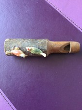 VINTAGE HAND CARVED WOODEN WHISTLE WITH TWO BIRDS ON TOP WORKING