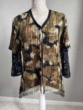 JOSEPH RIBKOFF OLIVE/BLACK LACE/BEAD  DETAIL FANCY  CARDIGAN SIZE M